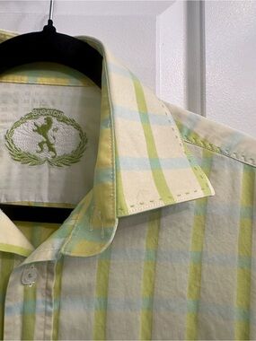Bugatchi Luxury Plaid 100% Cotton Button-Down Shirt Men M Yellow and Light Green